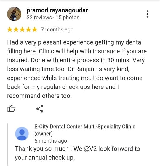 Patient review for V2 ECity Dental Center, Electronic City, Bengaluru